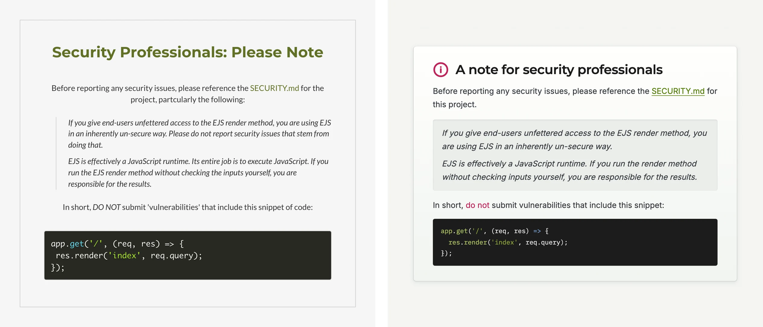 EJS: Landing Page Facelift — The security notice, old site and redesign