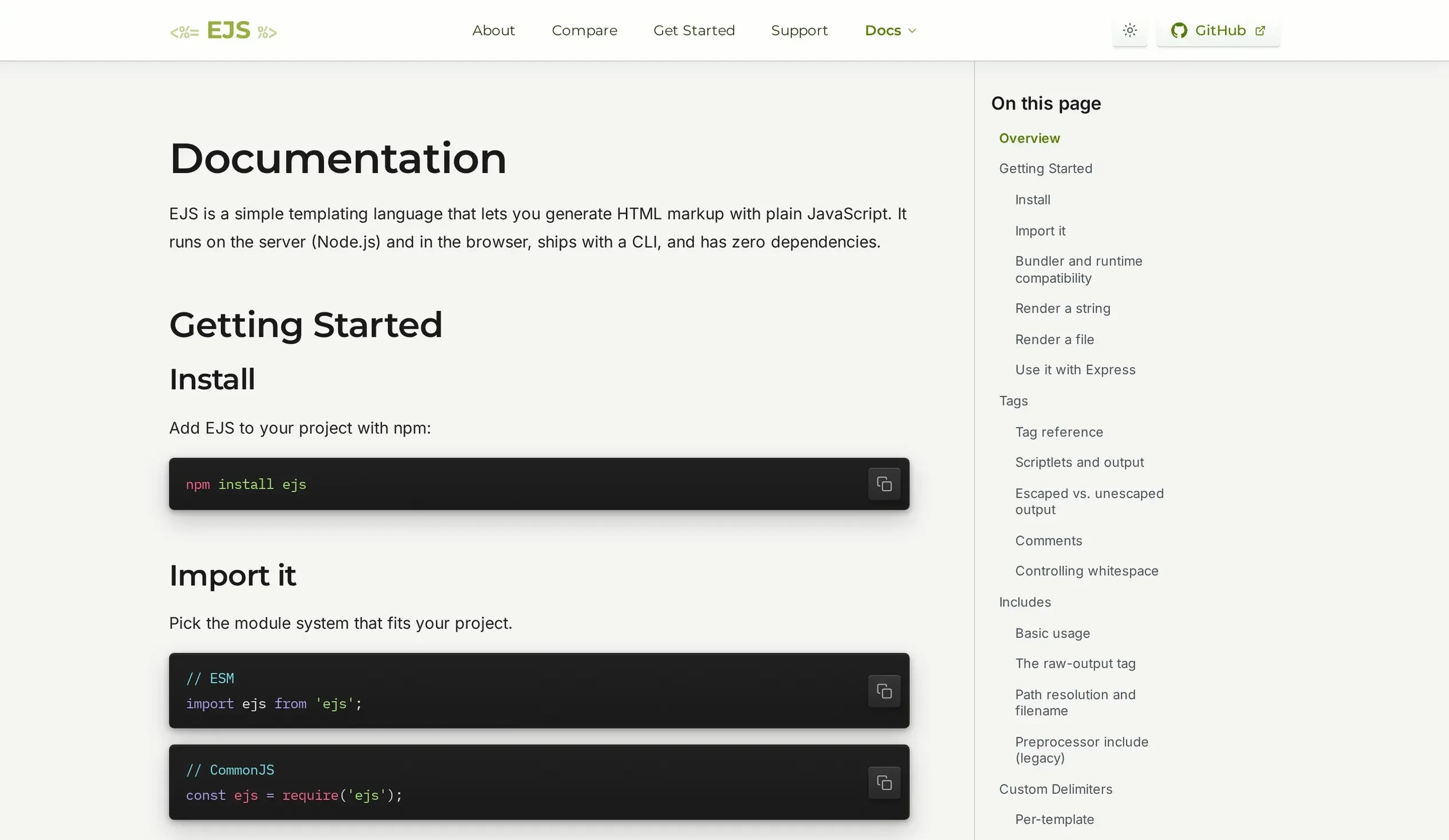 EJS: Landing Page Facelift — The documentation page