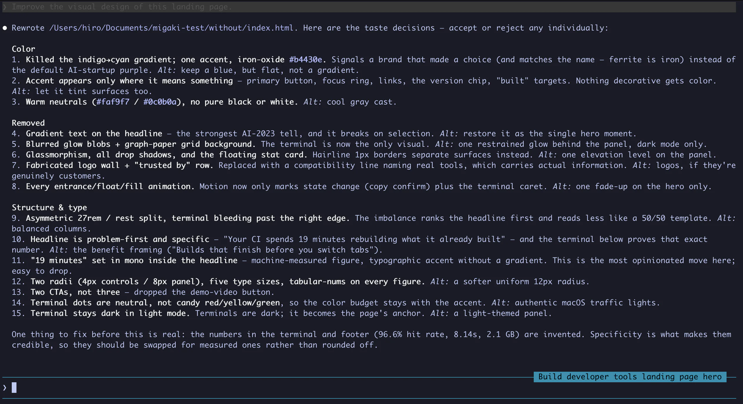 migaki: Design Sense for Coding Agents — What it proposed for the first page